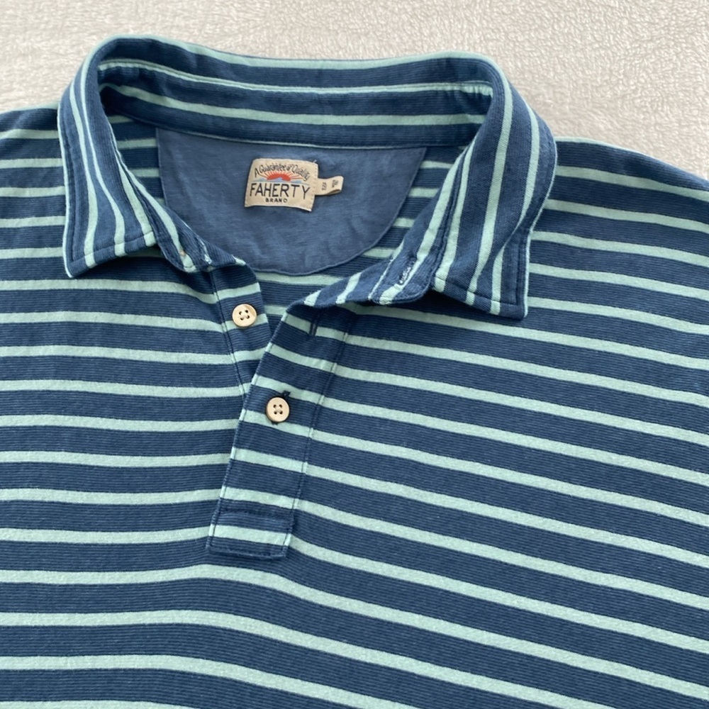 FAHERTY SS Indigo Polo Shirt Blue Striped Slub Cotton Chambray Preppy